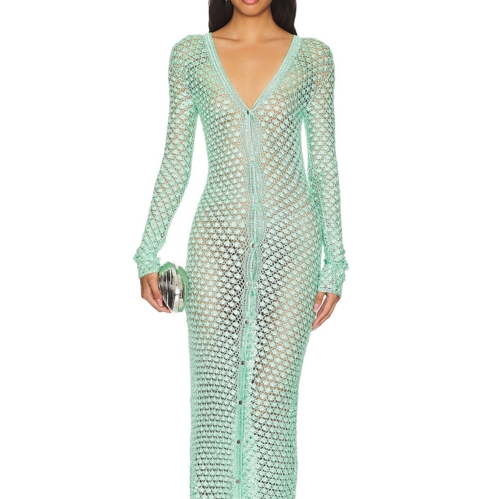 SER.O.YA Allison Crochet Cardigan Maxi in Seafoam NWT